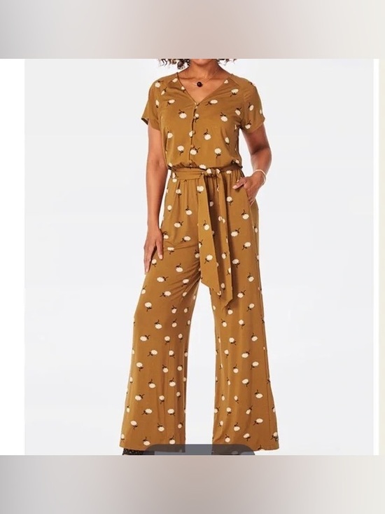 Matilda Jane Pants - Matilda Jane Tan Floral Short-Sleeve Wide-Leg Jumpsuit Size XL